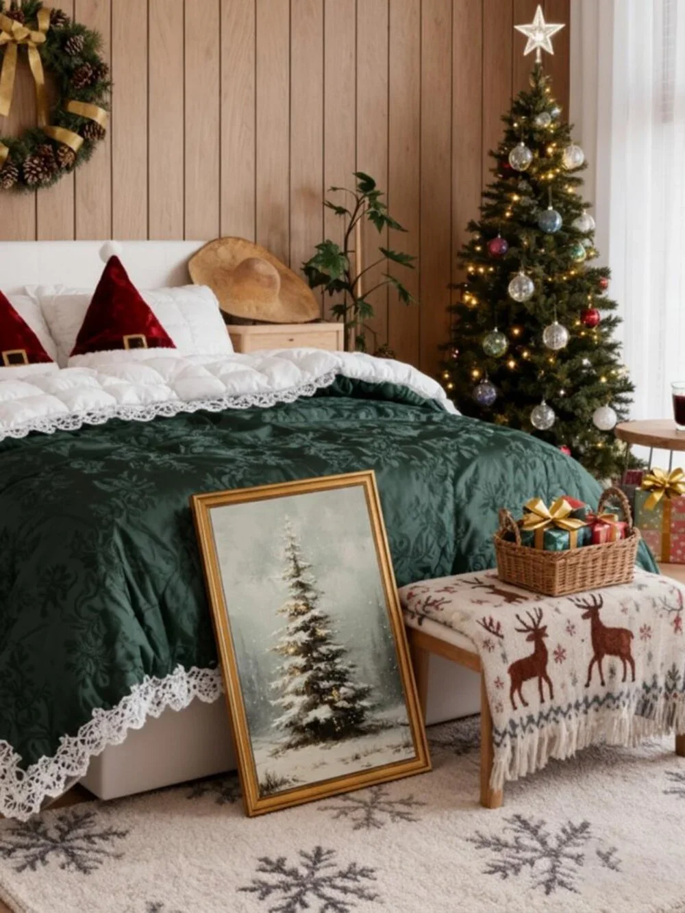 Vintage Christmas Tree Wall Art - Gold Framed Holiday Decor, 16x24 Inch
